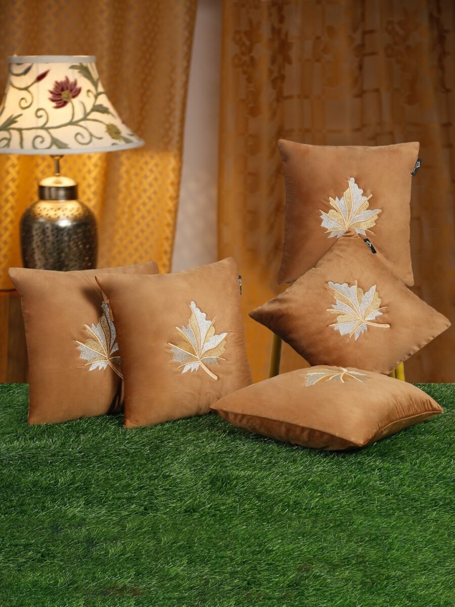 Hosta Homes Camel Brown Maple Leaf Embroidery Cushion Covers - Set of 5