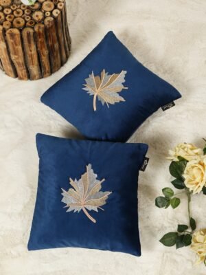 Hosta Homes Navy Blue Maple Leaf Embroidery Cushion Covers - Set of 2