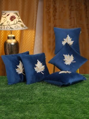 Hosta Homes Navy Blue Maple Leaf Embroidery Cushion Covers - Set of 5