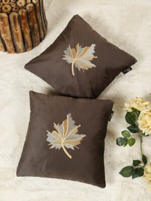 Hosta Homes Chocolate Brown Maple Leaf Embroidery Cushion Covers - Set of 2