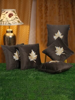 Hosta Homes Chocolate Brown Maple Leaf Embroidery Cushion Covers - Set of 5