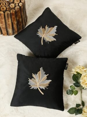 Hosta Homes Black Maple Leaf Embroidery Cushion Covers - Set of 2