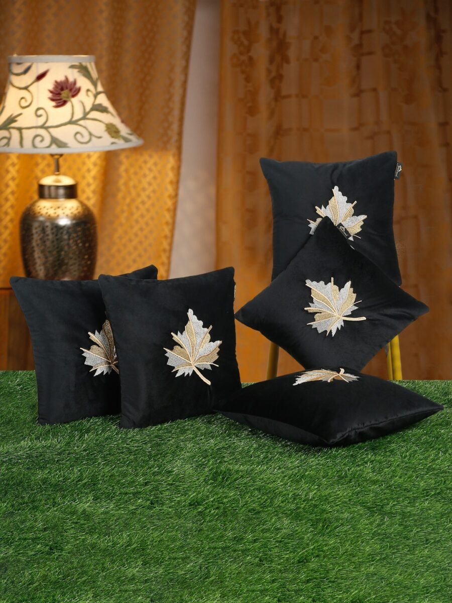 Hosta Homes Black Maple Leaf Embroidery Cushion Covers - Set of 5