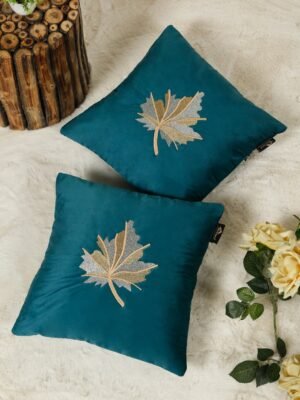 Hosta Homes Teal Maple Leaf Embroidery Cushion Covers - Set of 2
