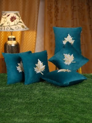 Hosta Homes Teal Maple Leaf Embroidery Cushion Covers - Set of 5