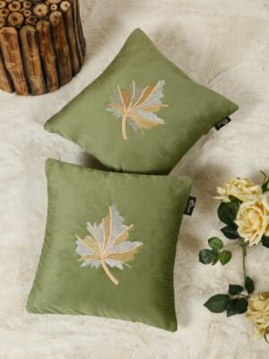 Hosta Homes Olive Green Maple Leaf Embroidery Cushion Covers - Set of 2