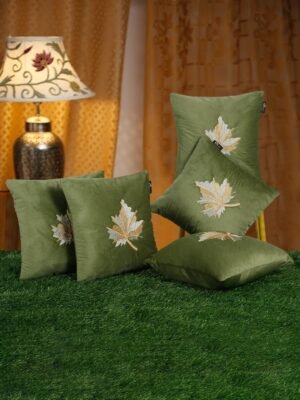 Hosta Homes Olive Green Maple Leaf Embroidery Cushion Covers - Set of 5