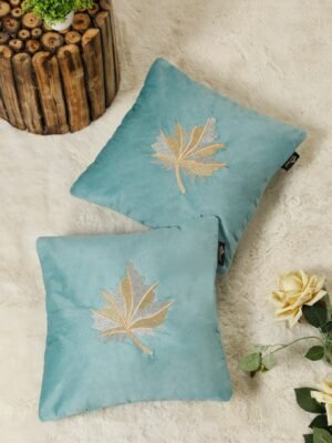 Hosta Homes Aqua Blue Maple Leaf Embroidery Cushion Covers - Set of 2