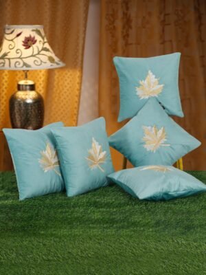 Hosta Homes Aqua Blue Maple Leaf Embroidery Cushion Covers - Set of 5