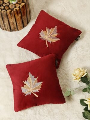 Hosta Homes Burgundy Red Maple Leaf Embroidery Cushion Covers - Set of 2