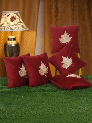 Hosta Homes Burgundy Red Maple Leaf Embroidery Cushion Covers - Set of 5