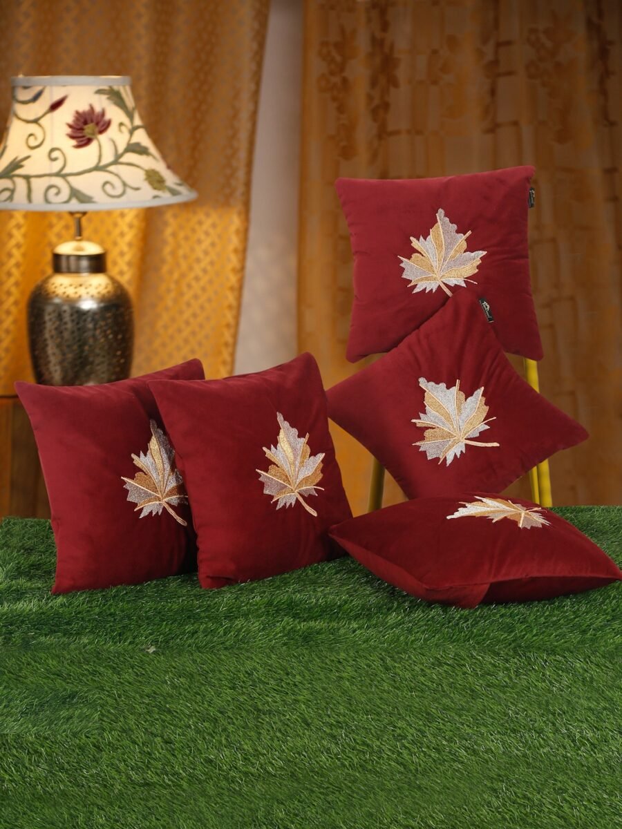 Hosta Homes Burgundy Red Maple Leaf Embroidery Cushion Covers - Set of 5