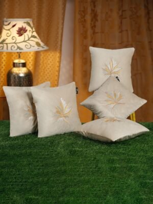 Hosta Homes Champagne Beige Maple Leaf Embroidery Cushion Covers - Set of 5