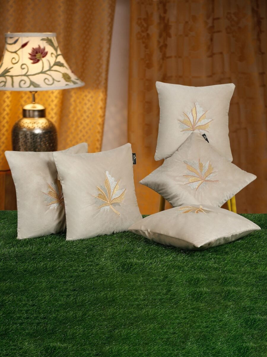 Hosta Homes Champagne Beige Maple Leaf Embroidery Cushion Covers - Set of 5