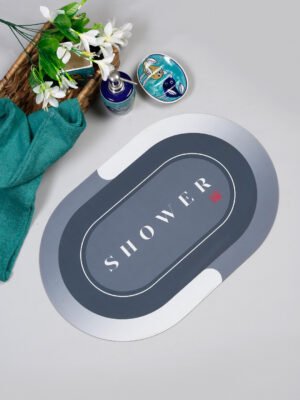 Grey Shower Text Oval Digital Printed Bath Mat