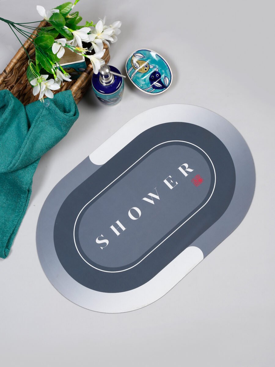 Grey Shower Text Oval Digital Printed Bath Mat