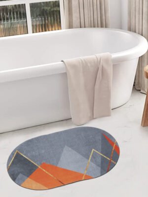Orange Grey Geometric Oval Digital Printed Bath Mat