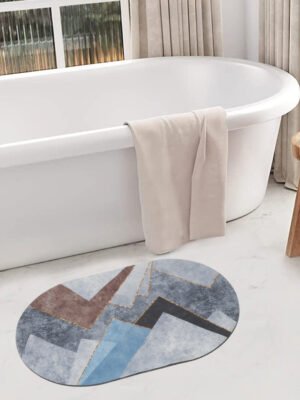 Blue Grey Geometric Oval Digital Printed Bath Mat