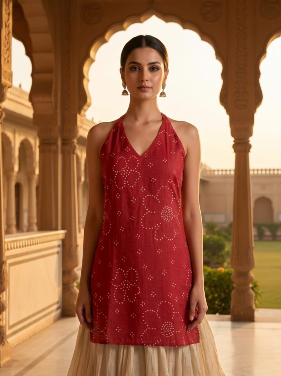 Red Sleeveless Printed Short Kurti