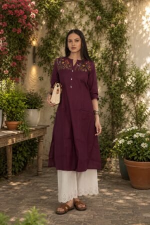 Women's Maroon Embroidered Kurta Palazzo Set - Buke B 31925