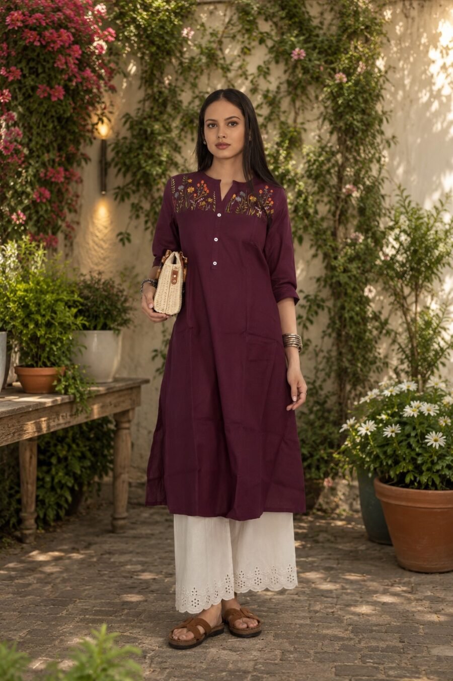 Women's Maroon Embroidered Kurta Palazzo Set - Buke B 31925