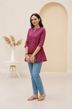Women's Magenta Pink Printed Peplum Short Kurti - Design 130