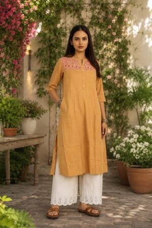 Women's Mustard Peach Kurta Palazzo Set - Classic A 33945