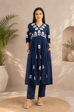 Women's Navy Blue Embroidered Kurta Pant Set - Tamanna 61820