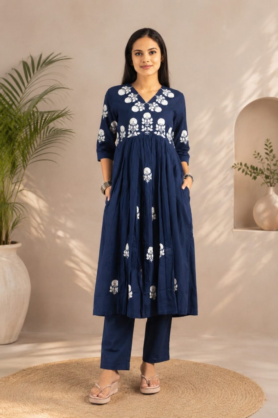 Women's Navy Blue Embroidered Kurta Pant Set - Tamanna 61820