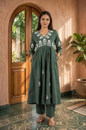 Women's Sage Green Embroidered Kurta Pant Set - Tamanna 61820