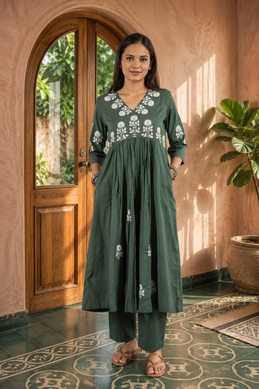 Women's Sage Green Embroidered Kurta Pant Set - Tamanna 61820