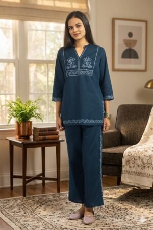 Women's Deep Teal Embroidered Co-ord Set