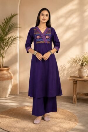 Women's Purple Embroidered Kurta Pant Set - Kutchh Express 51725