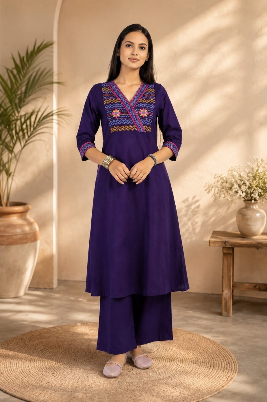 Women's Purple Embroidered Kurta Pant Set - Kutchh Express 51725
