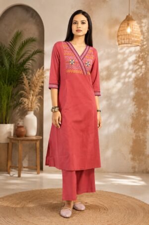 Women's Rose Pink Embroidered Kurta Pant Set - Kutchh Express 51725