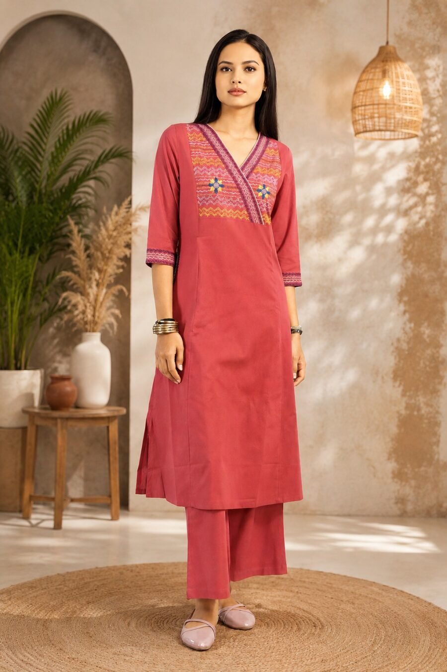 Women's Rose Pink Embroidered Kurta Pant Set - Kutchh Express 51725