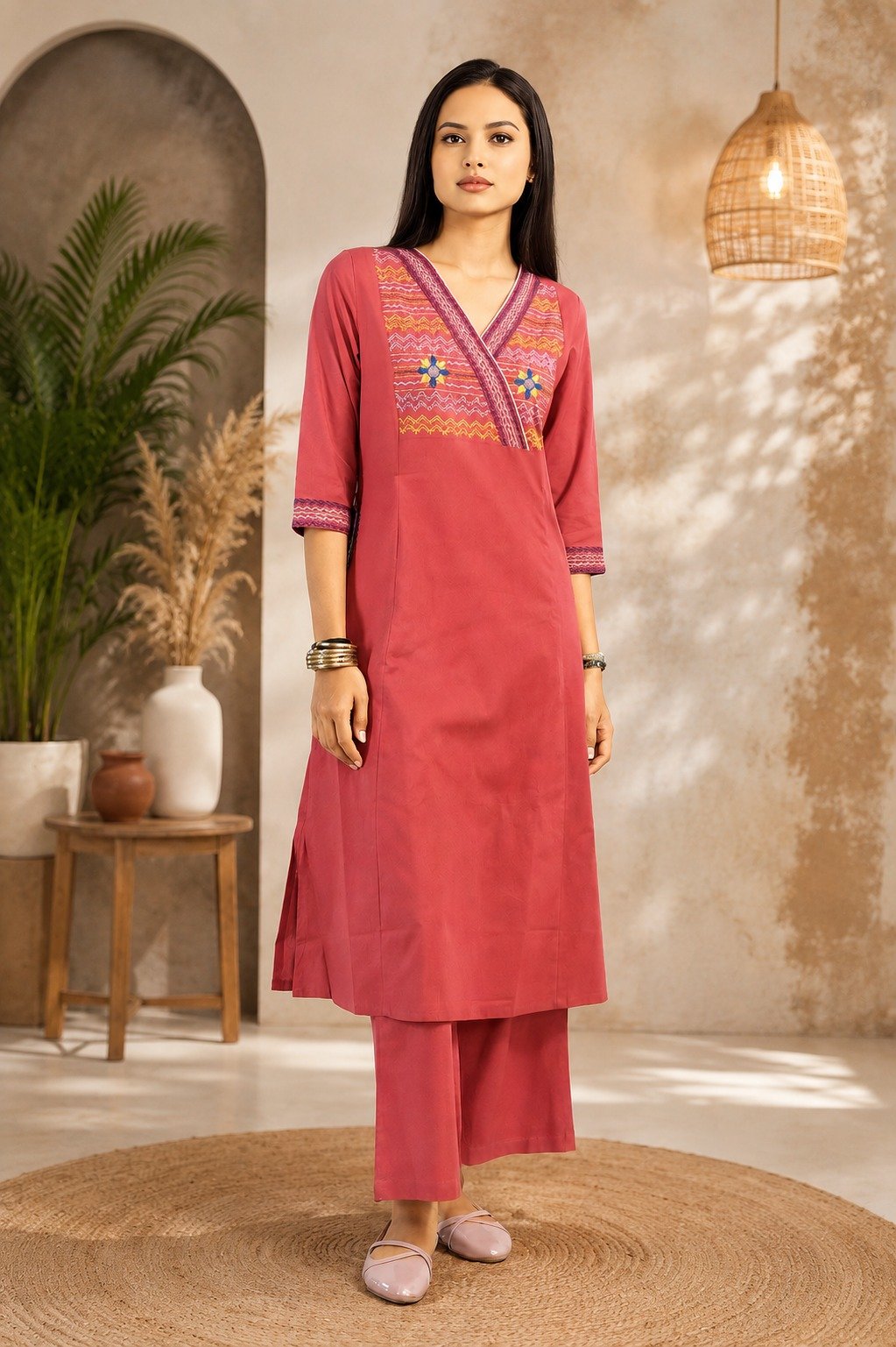 Women's Rose Pink Embroidered Kurta Pant Set - Kutchh Express 51725