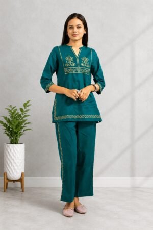 Women's Teal Green Embroidered Co-ord Set