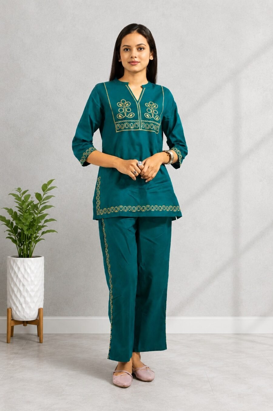Women's Teal Green Embroidered Co-ord Set - Dhurandhar E 51320