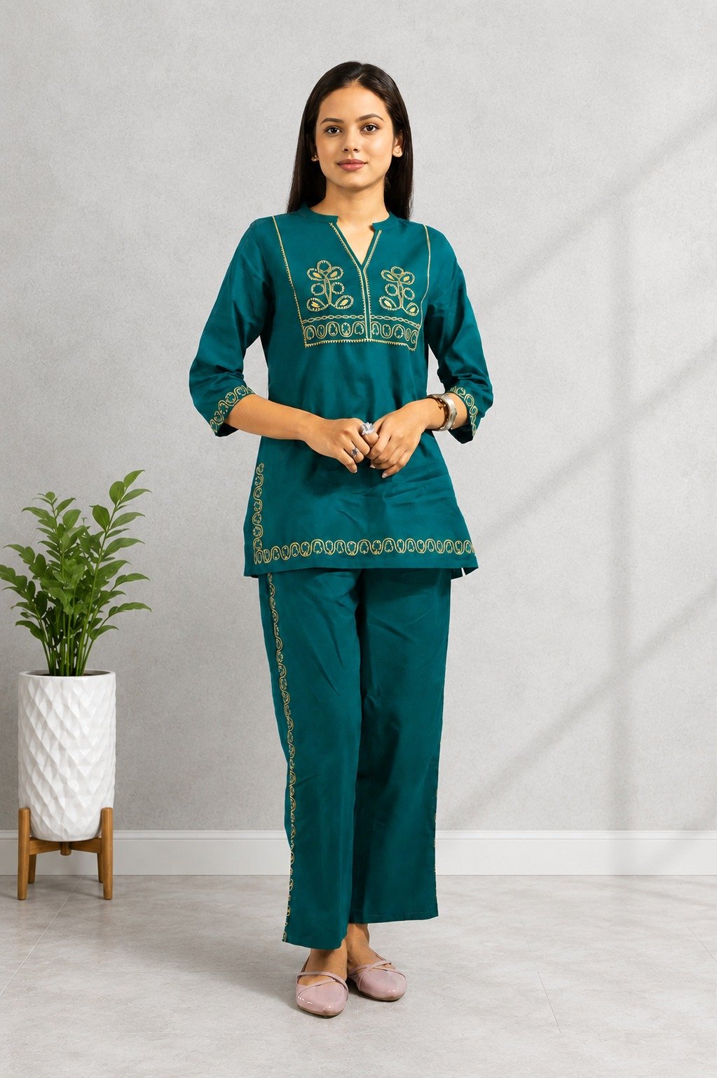 Women's Teal Green Embroidered Co-ord Set - Dhurandhar E 51320