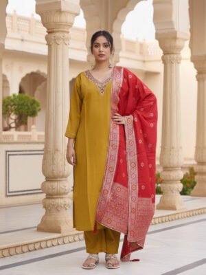 Mustard Kurta Set with Red Zari Dupatta