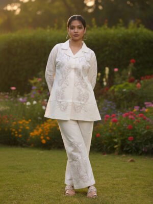White Line-Art Embroidered Shirt Tunic Set