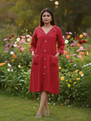Red Button-Down Casual Tunic Dress