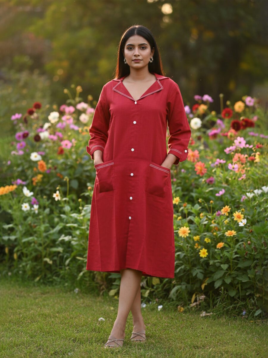 Red Button-Down Casual Tunic Dress