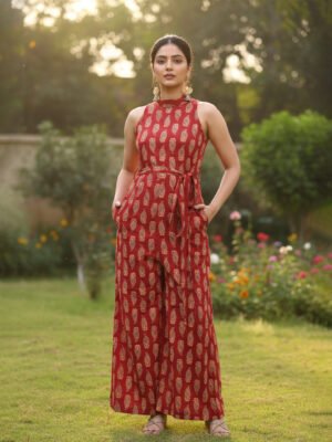 Red Sleeveless Printed Dress with Belt