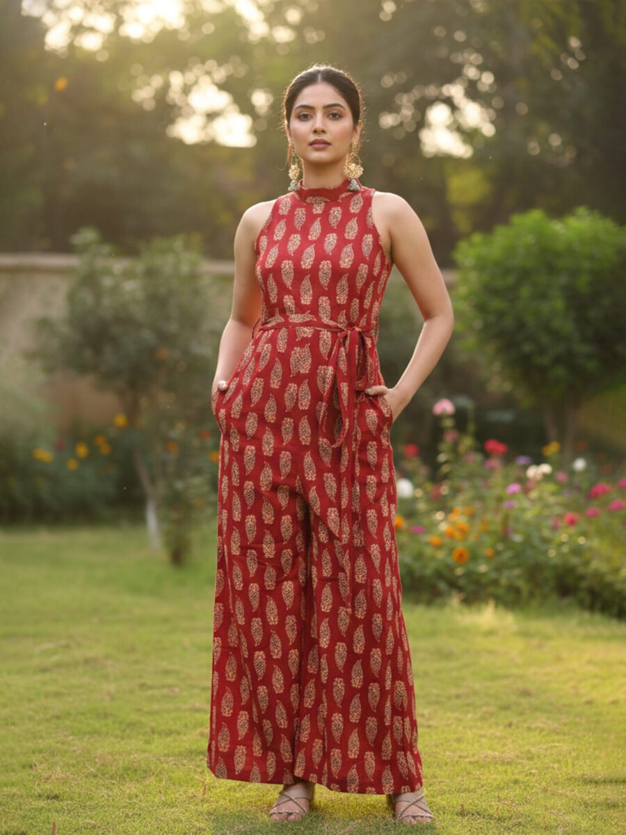 Red Sleeveless Printed Dress with Belt