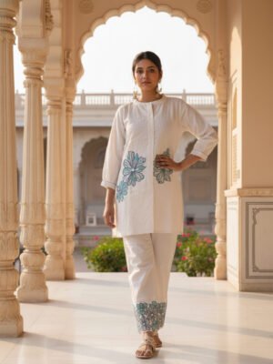 White Floral Embroidered Long Kurta Co-Ord Set