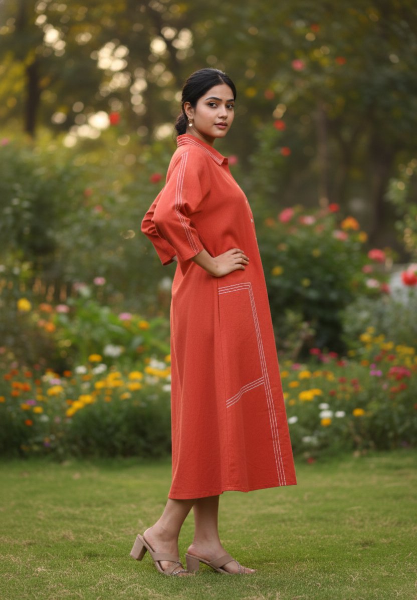 Coral Orange Collared Tunic Dress - Image 2