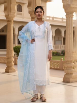 White and Sky Blue Embroidered Kurta Set with Organza Dupatta