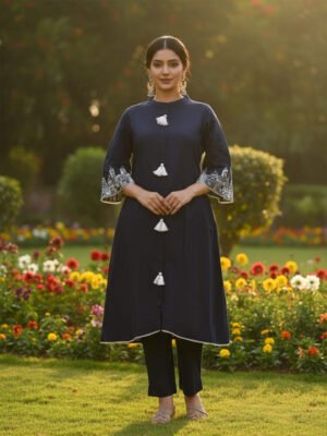 Navy Blue Tassel Detail Embroidered Kurta